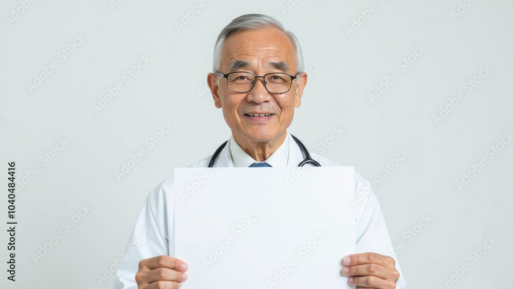 Experienced asian doctor with glasses holding a blank sign in a medical office, ready to communicate important health information to patients Experienced asian doctor with glasses holding a blank sign in a medical office, ready to communicate important health information to patients