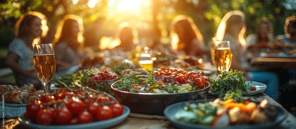 A group of people enjoying a meal outdoors with wine glasses and a variety of food. A group of people enjoying a meal outdoors with wine glasses and a variety of food.