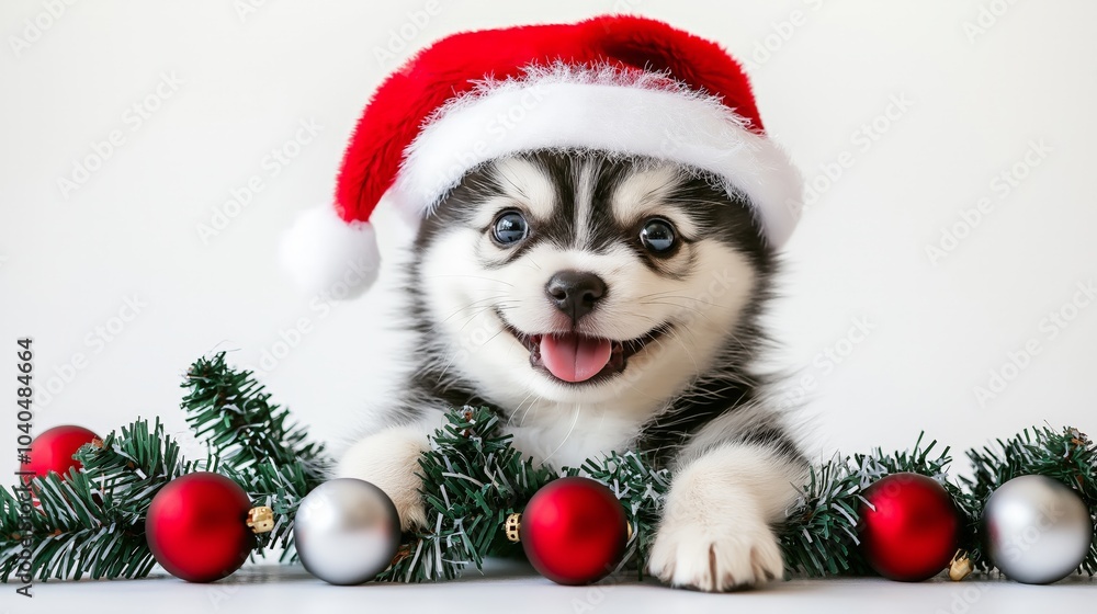 Christmas and New Year Background with Cute Pets and Festive Decorations Christmas and New Year Background with Cute Pets and Festive Decorations