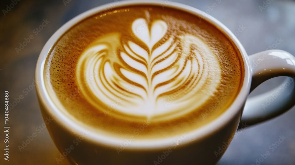 A close-up of a cup of coffee with a perfectly crafted latte art, Relaxation scene, Minimalist style A close-up of a cup of coffee with a perfectly crafted latte art, Relaxation scene, Minimalist style