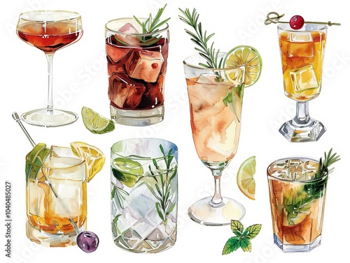 Artistic hand-drawn illustrations of various classic cocktail drinks with garnishes