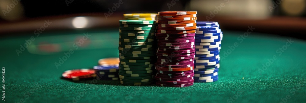 Brightly colored casino chips are stacked high on a green felt table, showcasing a thrilling atmosphere of gambling excitement. Generative AI Brightly colored casino chips are stacked high on a green felt table, showcasing a thrilling atmosphere of gambling excitement. Generative AI