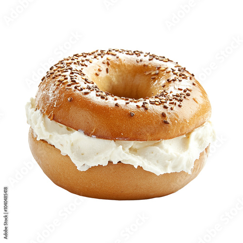 Freshly baked bagel with cream cheese, isolated.