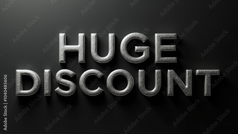 Bold metallic silver 3D letters HUGE DISCOUNT on matte black background Bold metallic silver 3D letters HUGE DISCOUNT on matte black background