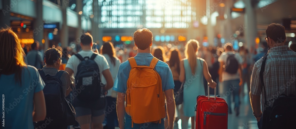 A crowd of people walking through an airport terminal, with a man in the center wearing a yellow backpack and a woman pulling a red suitcase. A crowd of people walking through an airport terminal, with a man in the center wearing a yellow backpack and a woman pulling a red suitcase.