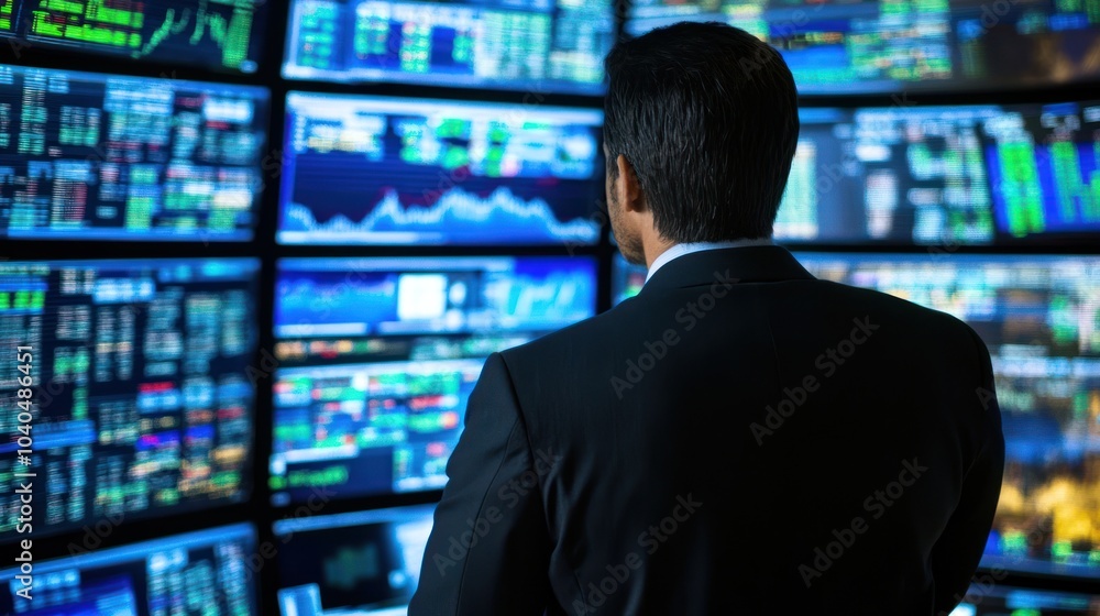 Businessman Analyzing Financial Data on Wall of Monitors Businessman Analyzing Financial Data on Wall of Monitors