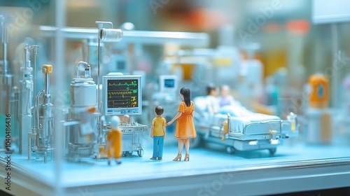 Miniature art of health insurance agent at a hospital, tiny patients and equipment in a bright, clean setting