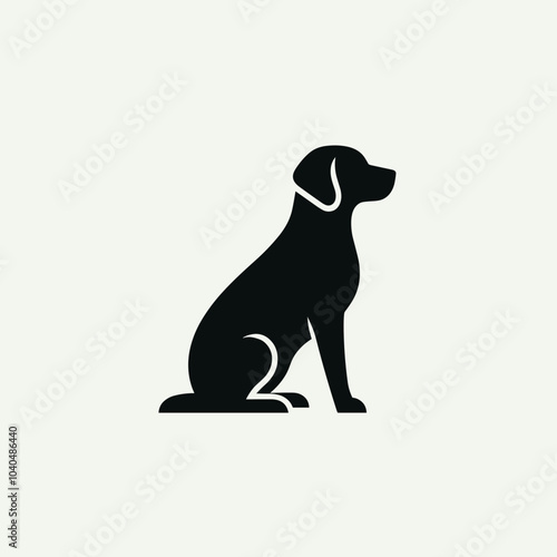 Black silhouette of a sitting dog on a light background with copy space