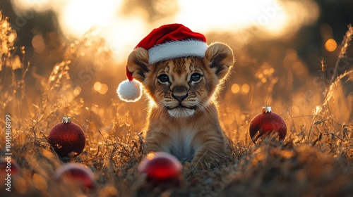 Cute lion cub wearing a Santa hat sitting on grass surrounded by holiday ornaments during sunset