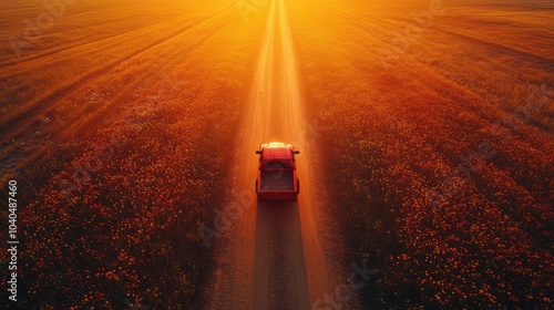 Use image for birds-eye view of pick up car on dusty road with fields of flowers on both sides, sunset lighting, epic composition, super Hd Ultra for magazine. photo