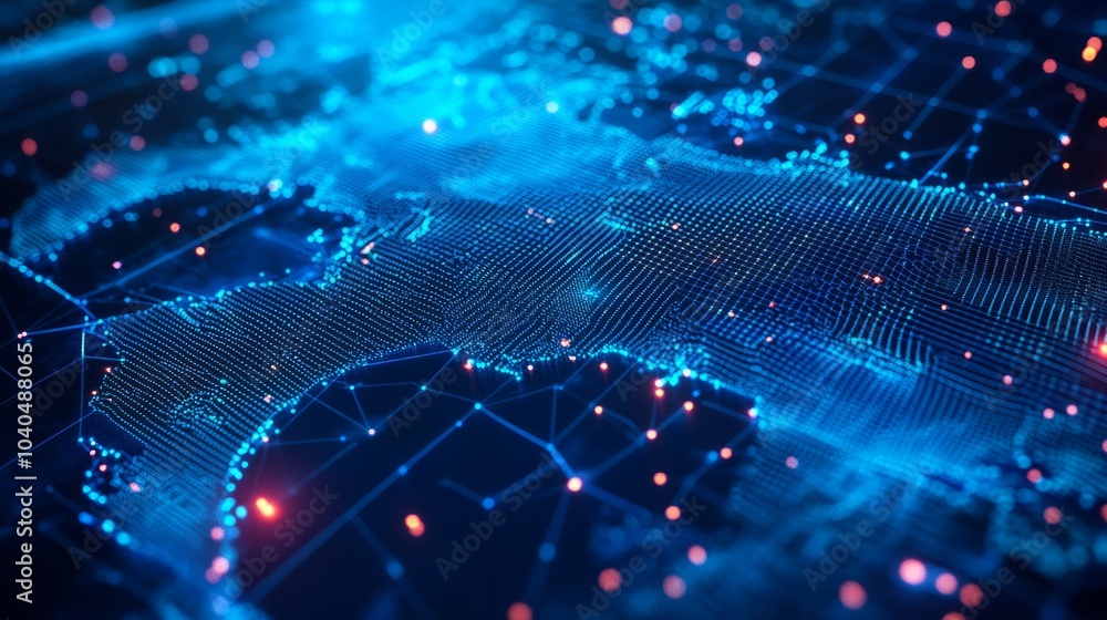 A 3D network map of the unreal country, covered in glowing mesh lines and point clusters on a modern blue background A 3D network map of the unreal country, covered in glowing mesh lines and point clusters on a modern blue background