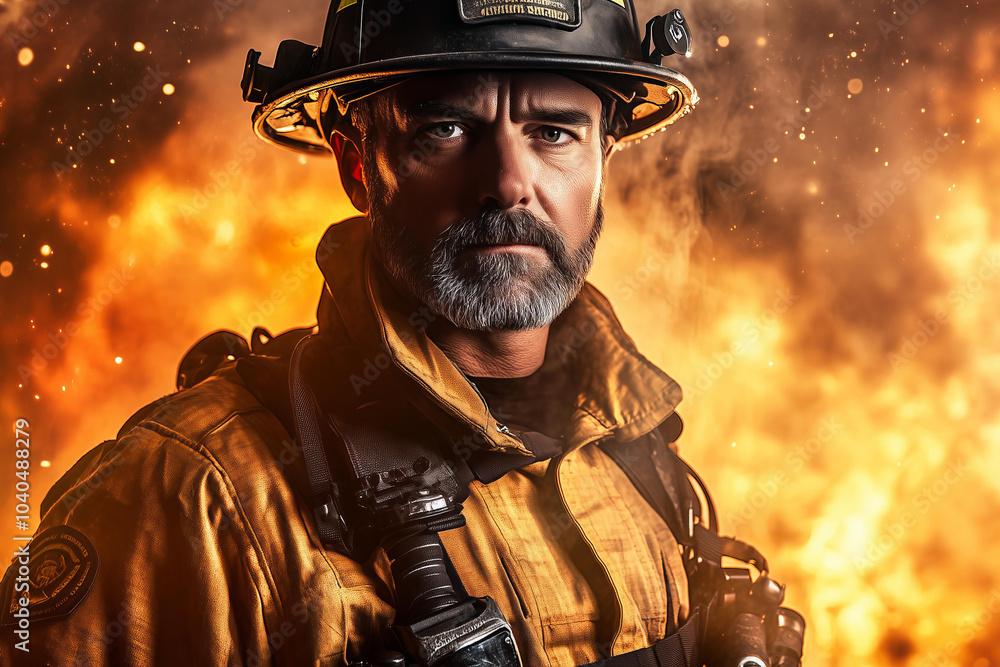 firefighter in uniform, posing for the camera, with an illuminated background and smoke effect. The photo was taken with a camera , using a wide-angle lens to capture their entire body. firefighter in uniform, posing for the camera, with an illuminated background and smoke effect. The photo was taken with a camera , using a wide-angle lens to capture their entire body.