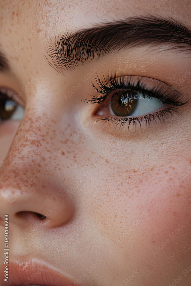 Obraz premium close-up of the face, with clear skin and dark brown eyes, and light freckles on the nose, showcasing natural makeup and soft lighting. The focus is sharp, highlighting every detail from the eyelashes