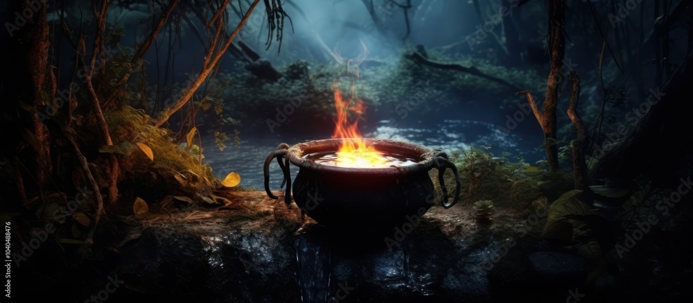A cauldron with flames over a stream in a dark, mysterious forest. A cauldron with flames over a stream in a dark, mysterious forest.