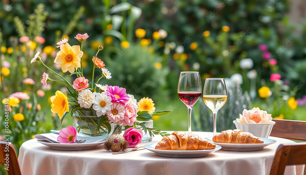 Stylish table setting with beautiful spring flowers, wine and croissants in garden isolated with white highlights, png Stylish table setting with beautiful spring flowers, wine and croissants in garden isolated with white highlights, png