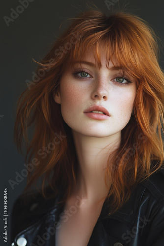 beautiful redheaded woman in her mid-20s, with shoulder-length hair and bangs, wearing a leather jacket.