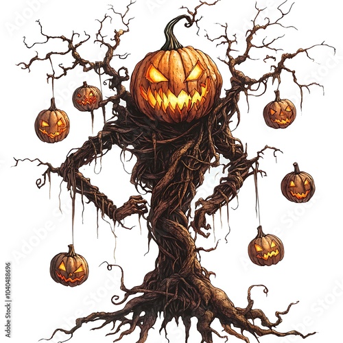 A spooky halloween scene featuring a gnarled tree with menacing pumpkin faces and hanging jack-o'-lanterns ready for festivities photo