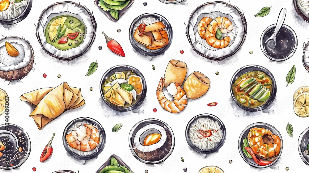 Thai cuisine hand-drawn seamless pattern with sketches of spicy seafood salad, chicken green curry, and coconut soup. Vector isolated on white background for cafe decor Thai cuisine hand-drawn seamless pattern with sketches of spicy seafood salad, chicken green curry, and coconut soup. Vector isolated on white background for cafe decor