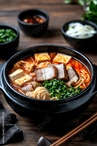 Delicious spicy noodle soup with toppings.