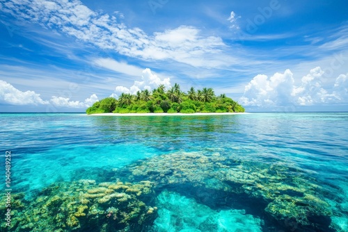 A tiny, lush island surrounded by a strikingly vivid blue ocean under a vibrant sky, creating a perfect scene of isolation and natural beauty far from civilization.