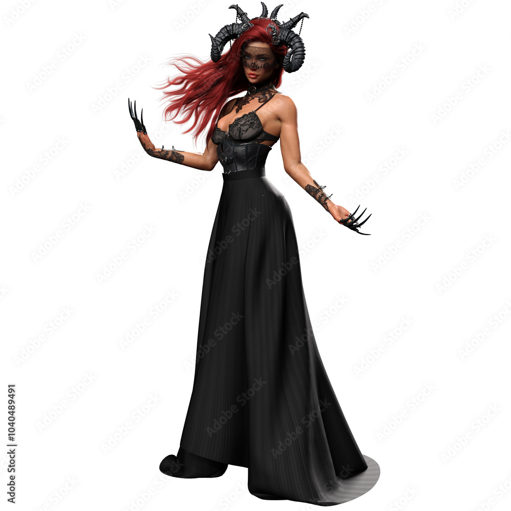 3D Rendered Beautiful Evil Demonic Seductress Witch Demon with Long Red Hair and Sensual Black Outfit 3D Rendered Beautiful Evil Demonic Seductress Witch Demon with Long Red Hair and Sensual Black Outfit
