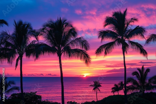 A breathtaking sunset paints the sky in vivid shades of pink and purple, with palm silhouettes contrasting against the calming ocean waters.