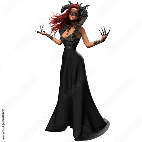 Tableau sur toile 3D Rendered Beautiful Evil Demonic Seductress Witch Demon with Long Red Hair and
