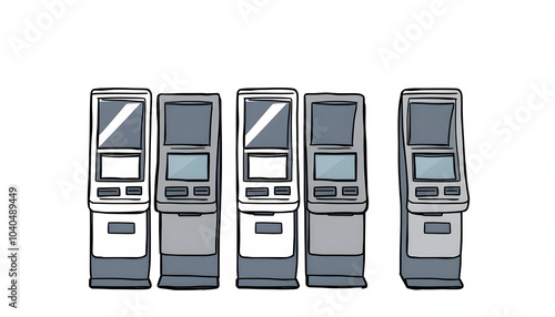 Self-checkout kiosks or self-service payment machines in a row isolated with white highlights, png photo