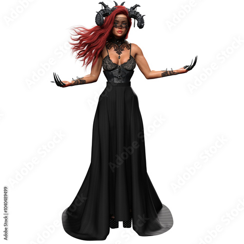 3D Rendered Beautiful Evil Demonic Seductress Witch Demon with Long Red Hair and Sensual Black Outfit photo