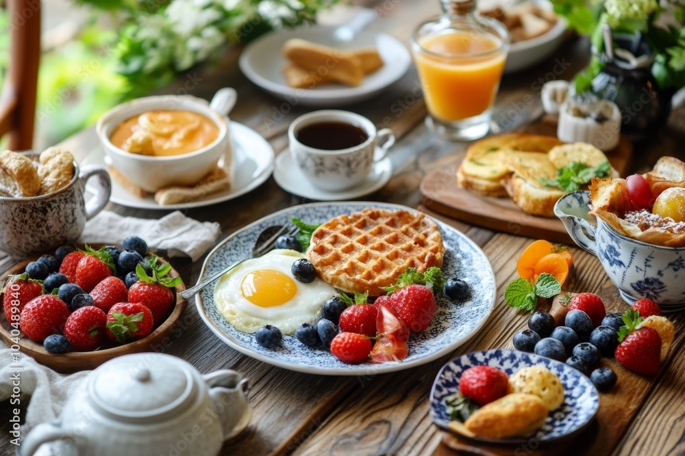 Delicious breakfast served on wooden table with waffle, fried egg and berries Delicious breakfast served on wooden table with waffle, fried egg and berries
