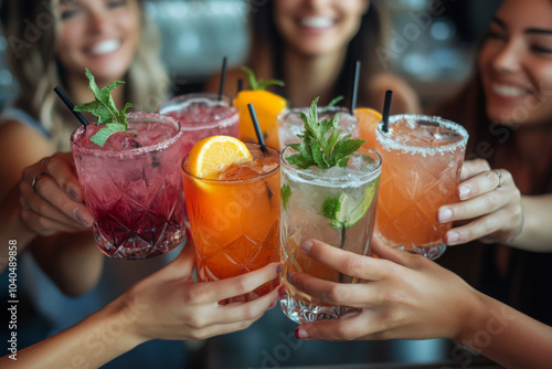 Top-View Shot of friends toasting colorful cocktails on a vibrant terrace
