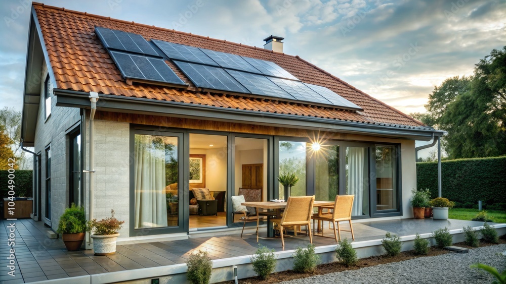 Contemporary house with orange tiled roof and solar panels in a serene garden setting. Generative AI Contemporary house with orange tiled roof and solar panels in a serene garden setting. Generative AI