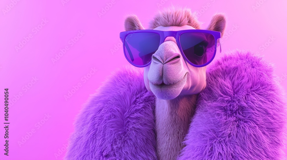 A camel in a neon purple fur coat and oversized sunglasses, posed against a background of soft lavender blending into vibrant violet hues. A camel in a neon purple fur coat and oversized sunglasses, posed against a background of soft lavender blending into vibrant violet hues.