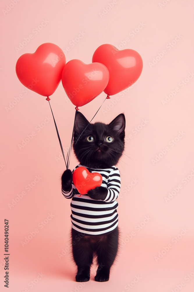 cute black cat wearing white and black striped t-shirt , holding heart-shaped balloons,. The background is light pink, creating a soft atmosphere for Valentine's Day. cute black cat wearing white and black striped t-shirt , holding heart-shaped balloons,. The background is light pink, creating a soft atmosphere for Valentine's Day.