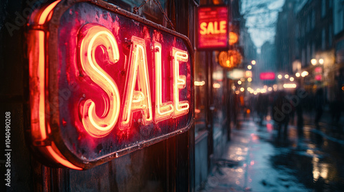 A striking sale sign glowing in a bustling urban setting, enticing shoppers with vibrant colors and festive energy.