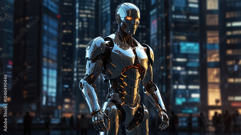 A futuristic robot stands in the middle of a crowded city street. A futuristic robot stands in the middle of a crowded city street.