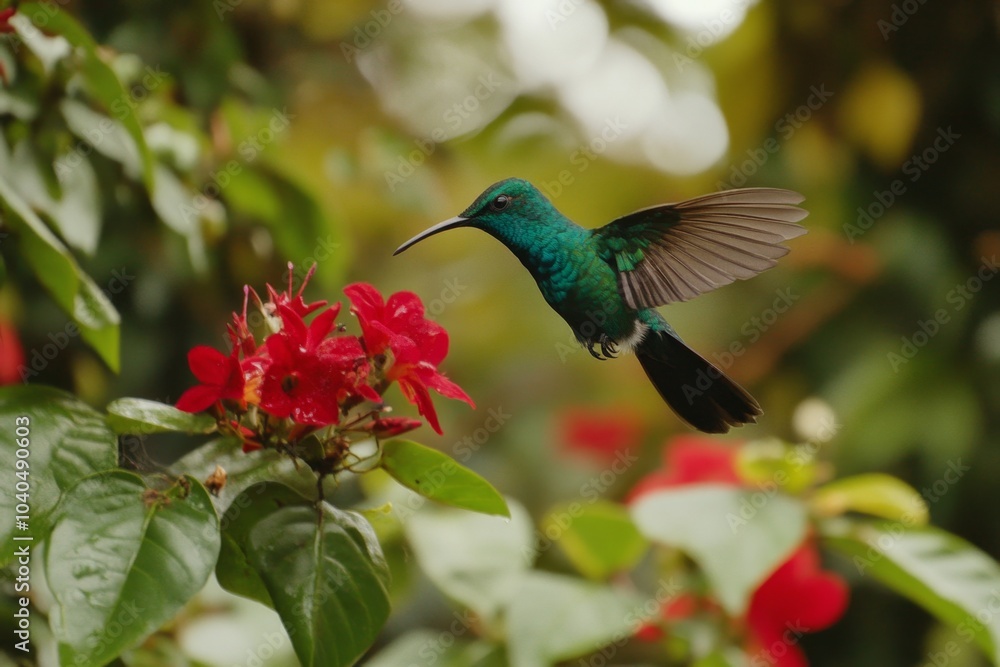 Obraz premium Hummingbird flying and approaching a red flower