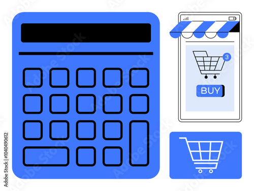 Large calculator, smartphone with shopping cart and buy button, blue shopping cart icon. Ideal for e-commerce, financial calculations, online shopping, budgeting, digital marketing. Modern flat