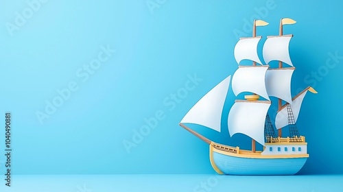 Colorful Miniature Sailing Ship Model on a Bright Blue Background