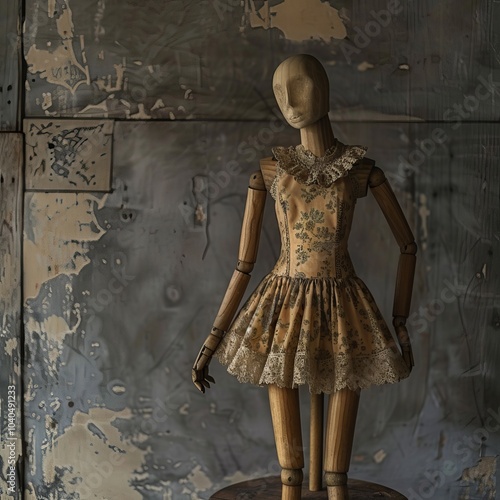 An eerie wooden mannequin dressed in a lace dress stands in an abstract art-style room, evoking a feeling of past times