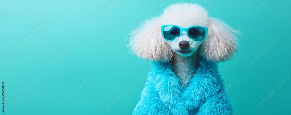 Fototapeta premium A dog in a bright electric blue fur coat and stylish sunglasses, sitting against a background that fades from pastel mint green into deep teal hues.
