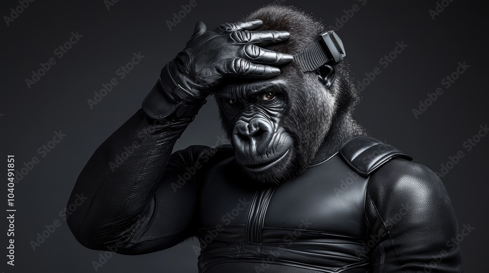 Fototapeta premium A gorilla in a black leather bodysuit, standing powerfully against a gradient that fades from deep charcoal grey to rich black.