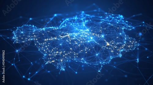 A 3D network map of the imaginary country, covered in glowing mesh lines and point clusters on a modern blue background