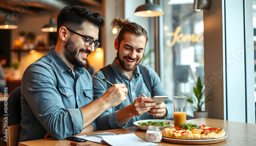 Adult couple checking and writing restaurant review feedback on social media pages after had lunch together. Happy clients writing comment about food to rate pizzeria. Tourist searching destinations photo