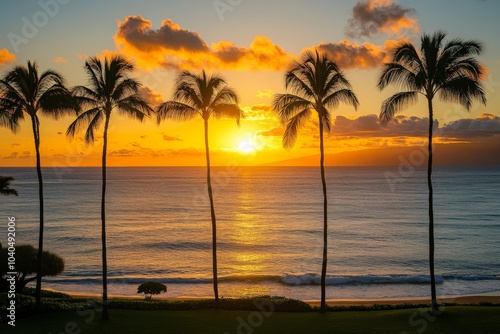 A breathtaking sunset view over the ocean is framed by towering palm trees, creating a serene and picturesque tropical scene perfect for relaxation.