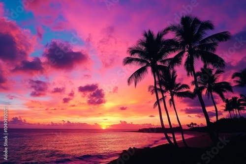 Rich purples and pinks fill the sky as the setting sun creates a stunning backdrop behind palm trees in this breathtaking and colorful tropical paradise.