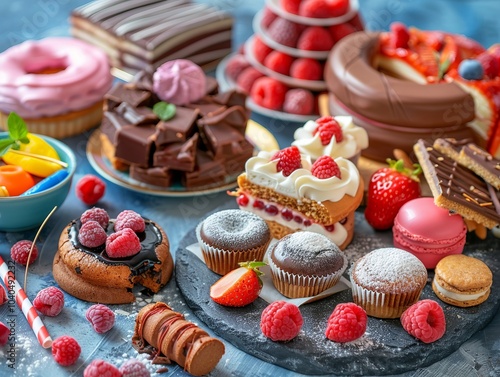 An array of delectable desserts including chocolates, cakes, and fruit tarts displayed temptingly on a table photo