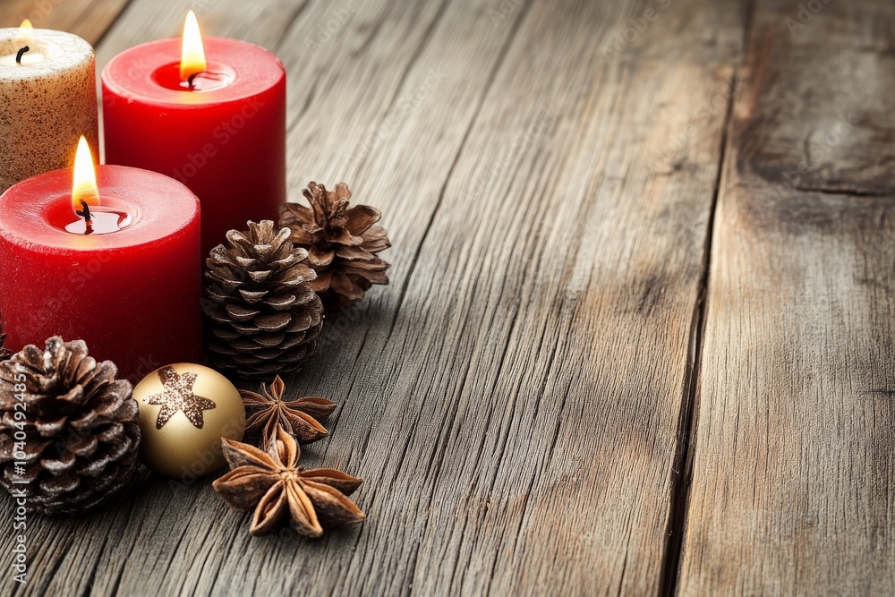 Three lit candles and pinecones arranged on a wooden table, creating a warm, festive atmosphere with a touch of holiday spirit and natural elements. Three lit candles and pinecones arranged on a wooden table, creating a warm, festive atmosphere with a touch of holiday spirit and natural elements.
