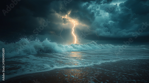 Fototapeta Naklejka Na Ścianę i Meble -  Lightning in the ocean. Storm. Time laps photo. High detail.