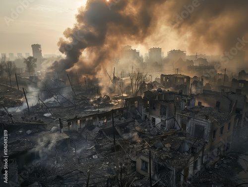 An aerial shot capturing the catastrophic aftermath of an urban area ravaged by disaster, showing smoldering buildings and widespread destruction